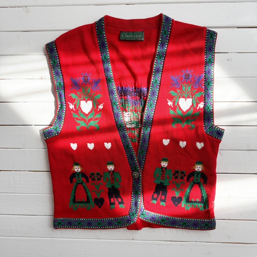 Cullinane vtg Bavarian floral red hand knit‎ sweater vest